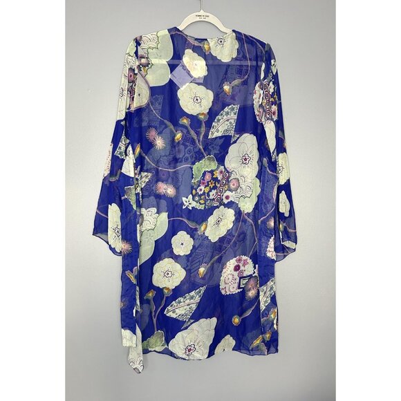 Pink Mode Kimono Tunic Top Womens 1X Blue Floral Sheer Tie Back Cover Up Boho - Picture 5 of 15